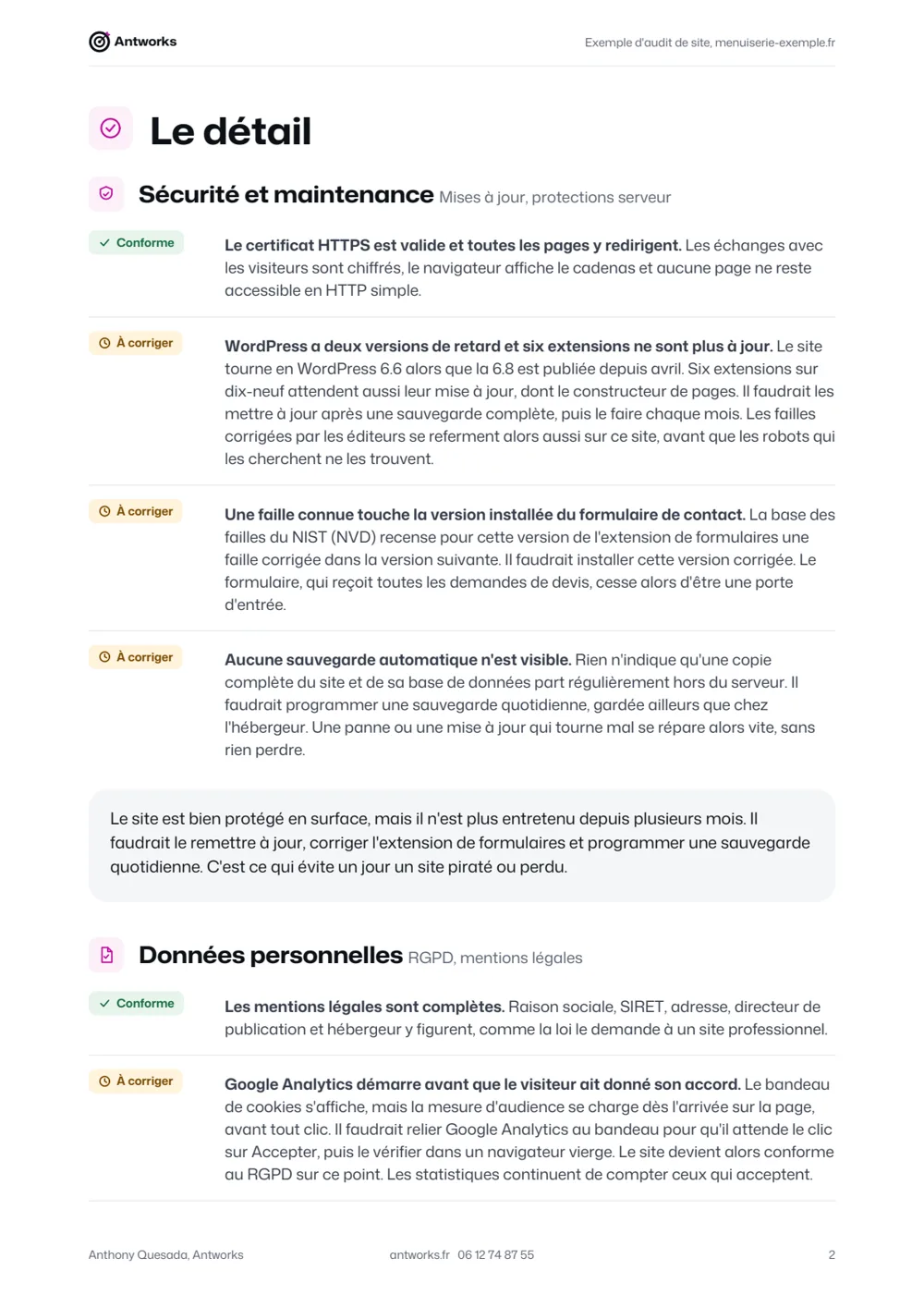 Page 2 d'un exemple de rapport : la rubrique Sécurité et maintenance, avec pour chaque point son état, Conforme ou À corriger, ce qu'il faudrait faire et ce que ça change.